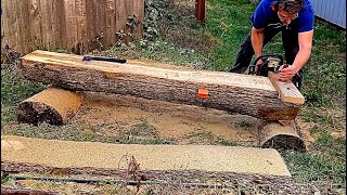 Milling oak logs with a free DIY Alaskan chainsaw mill.