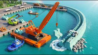 Floating Crane Builds a Coastal Breakwater in Rough Water | 3D Harbor Mission