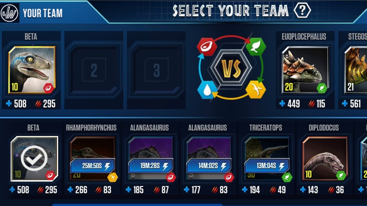 tricerotops,alangasaurus,beta vs opponent| jurassic world: the game|