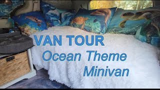 VAN TOUR: Ocean Theme Minivan Camper. Full-time solo nomad for over a year. Time for renovations!