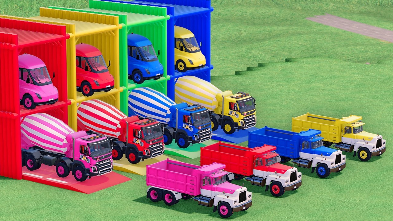 Trucks With COLORS - VOLVO MIXER TRUCK and MACK DUMP TRUCK with TESLA FLATBED TRAILER TRUCK - FS22