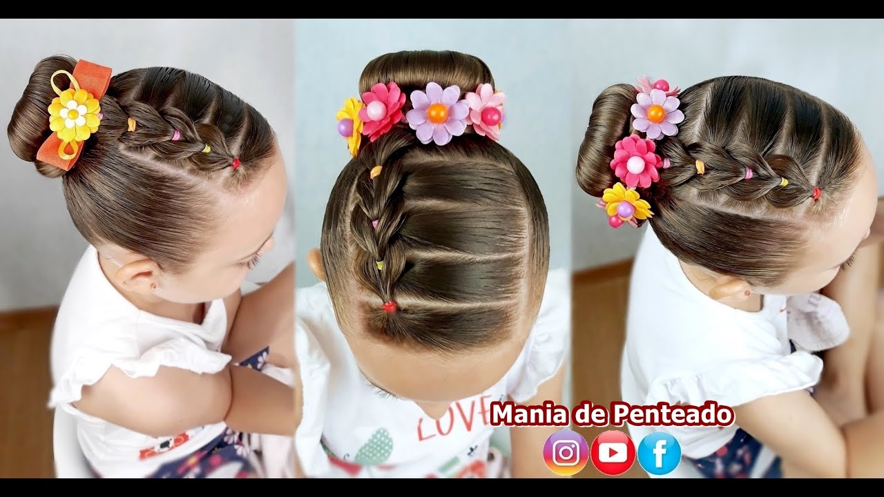 Penteado Infantil com trança falsa e coque rosquinha / Bun hairstyle for  little girls | Goiânia Fashion