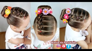 Penteado Infantil com trança falsa e coque rosquinha / Bun hairstyle for little girls