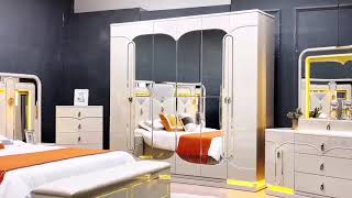 Luxus-Schlafzimmer-Komplettset, 6-teilig, Hochglanz in Beige und Gold, Bett 180 × 200 cm 8863