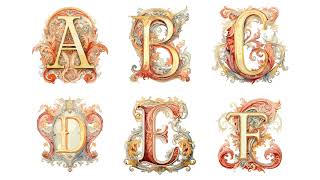 Baroque Sun Alphabet | Watercolor Illuminated Letters | Gold Orange Initial Clipart | Monogram