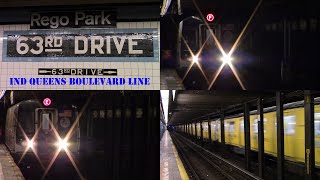 IND Queens Boulevard Line: (E)(F) & NIS Trains at 63rd Dr-Rego Park [R160A,R160B] - NYC
