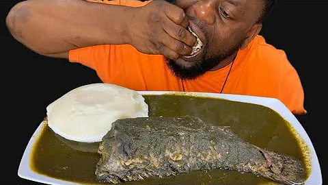 NIGERIAN POUNDO WITH OKRA SOUP & BITTER LEAF SOUP (No talking, satisfying sound)