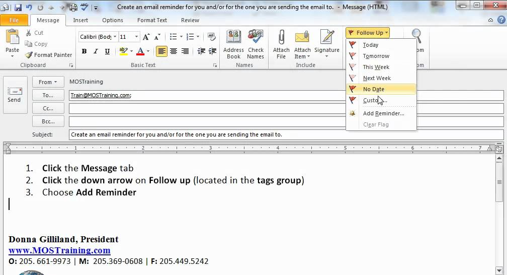 Microsoft Outlook 2010 Tutorial Add A Reminder To An Outgoing Email Youtube