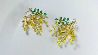 3種類の黄色いビーズで作るミモザ（アカシア）のピアスの作り方　How to make mimosa earrings