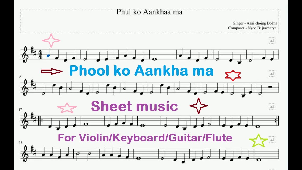 Phool ko Aankhaa ma Sheet music for beginners Violin/Keyboard/Guitar