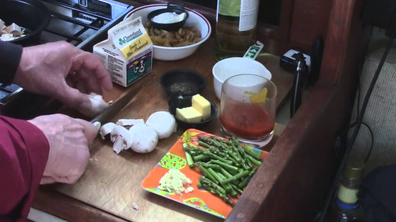 Chicken Primavera cooking on board