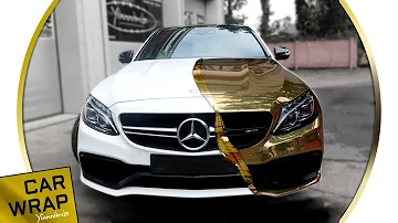 White Mercedes C63S AMG wrapped Chrome Gold