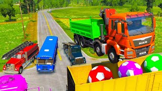 Double Flatbed Trailer Truck rescue Bus - Cars Racing - Cars vs Monster Trucks