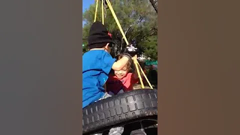 Boys on tire swing