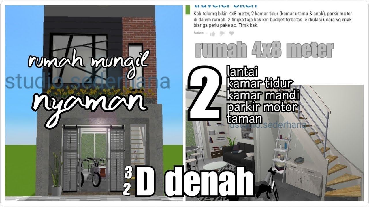 D55 Denah Desain Rumah 4 X 8 Meter 2 Lantai 2 Kamar Tidur 2 Kamar Tidur Taman Motor Port Youtube
