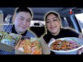 SUSHI MUKBANG IN THE CAR | ABURI SALMON | RAINBOW ROLL | CRAB ROLL | GYOZA DUMPLINGS | YAKITORI BOWL