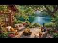 Riverside Morning Jazz Music | Calm Summer Porch Ambience with Fireplace Crackle to Work, Study