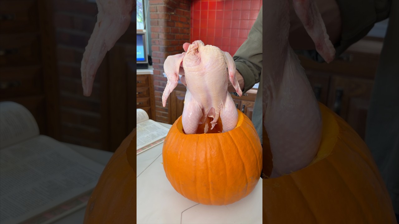 Dad cooks whole chicken inside pumpkin! 🎃 ￼