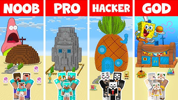 Minecraft FAMILY SPONGEBOB HOUSE BUILD CHALLENGE - NOOB vs PRO vs HACKER vs GOD / Animation