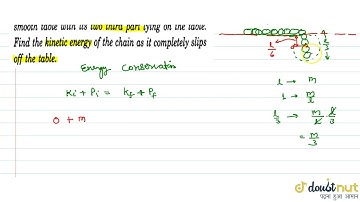 A uniform chain of length l and mass m overhangs a smooth table with its tow third pat lying on ...