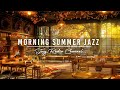 Happy may piano jazz music at summer coffee shop ambience with crackling fireplace to work study