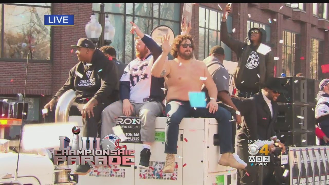 A shirtless David Andrews was at the center of the Patriots' Super Bowl parade