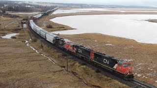 Awesome Aerial 4K View! Nice Lashup on a Long Freight Train CN 507 Passing Upper Dorchester, NB