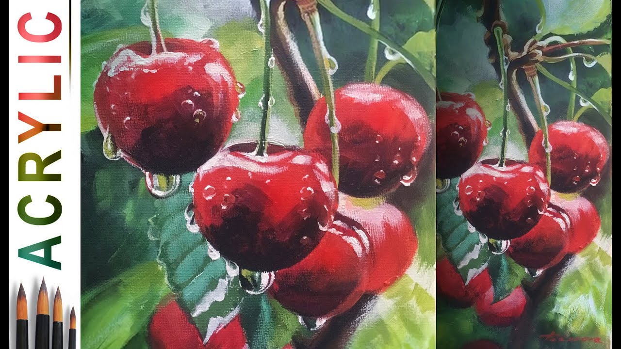 Water Drops on Cherry. How to paint 🎨ACRYLIC tutorial DEMO YouTube