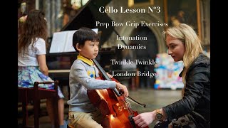 Cello Lesson 3/Bow Grip/Dynamics/Twinkle Twinkle & London Bridge Tutorials/D string notes/I Position