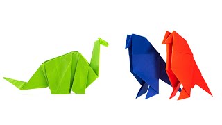 Paper dino vs. paper bird. Origami idea.