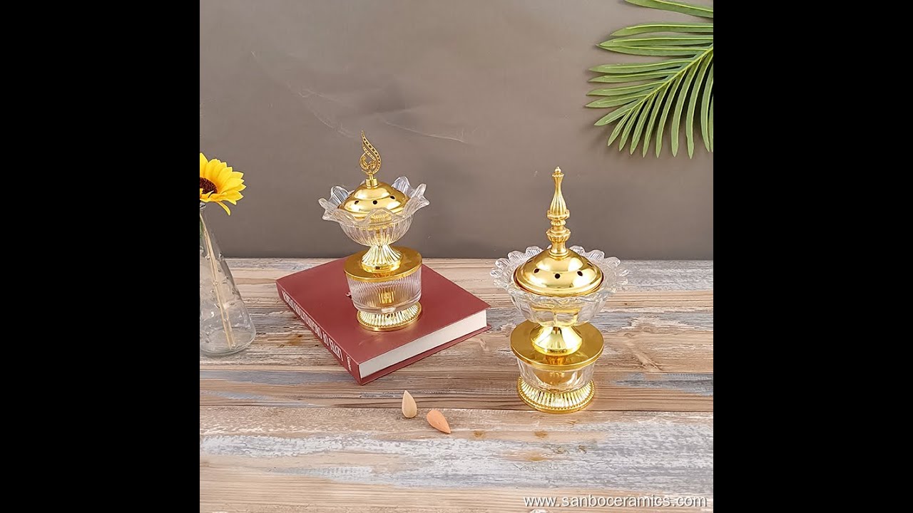 Modern Luxury Glass Incense Burner with Electroplated Gold Metal Lid for Home Hotel Decoration