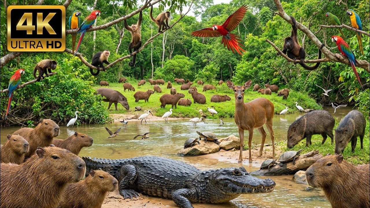 Amazon Rainforest River 4K 🌿 | Capybara, Monkeys & Deer in Peaceful Wildlife Scene