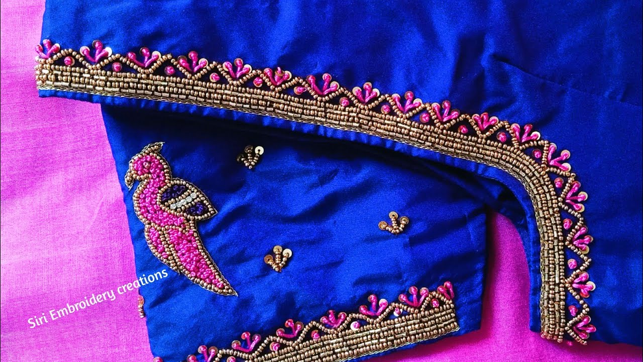 Beautiful thread work peacock blouse neck design with using normal ...