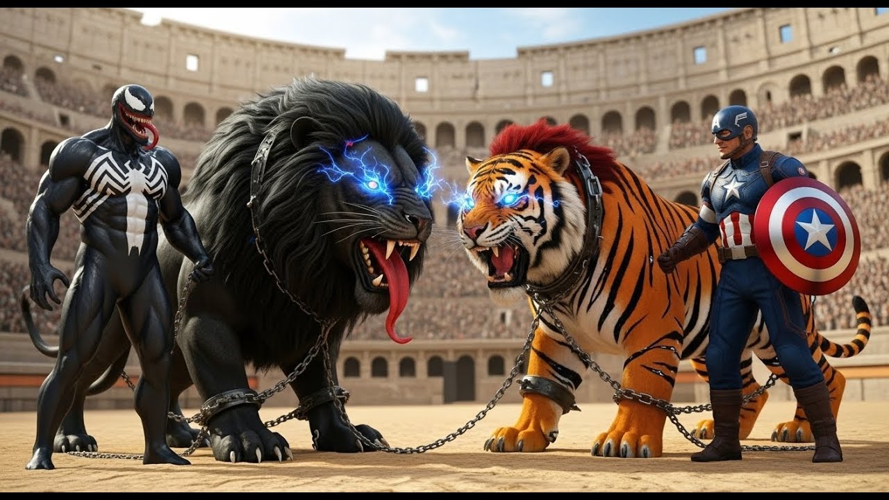 ⚔️ Ferocious VENOM KING lion 🆚 Massive Captain America lion Ultimate Wild Animal Fights Showdown