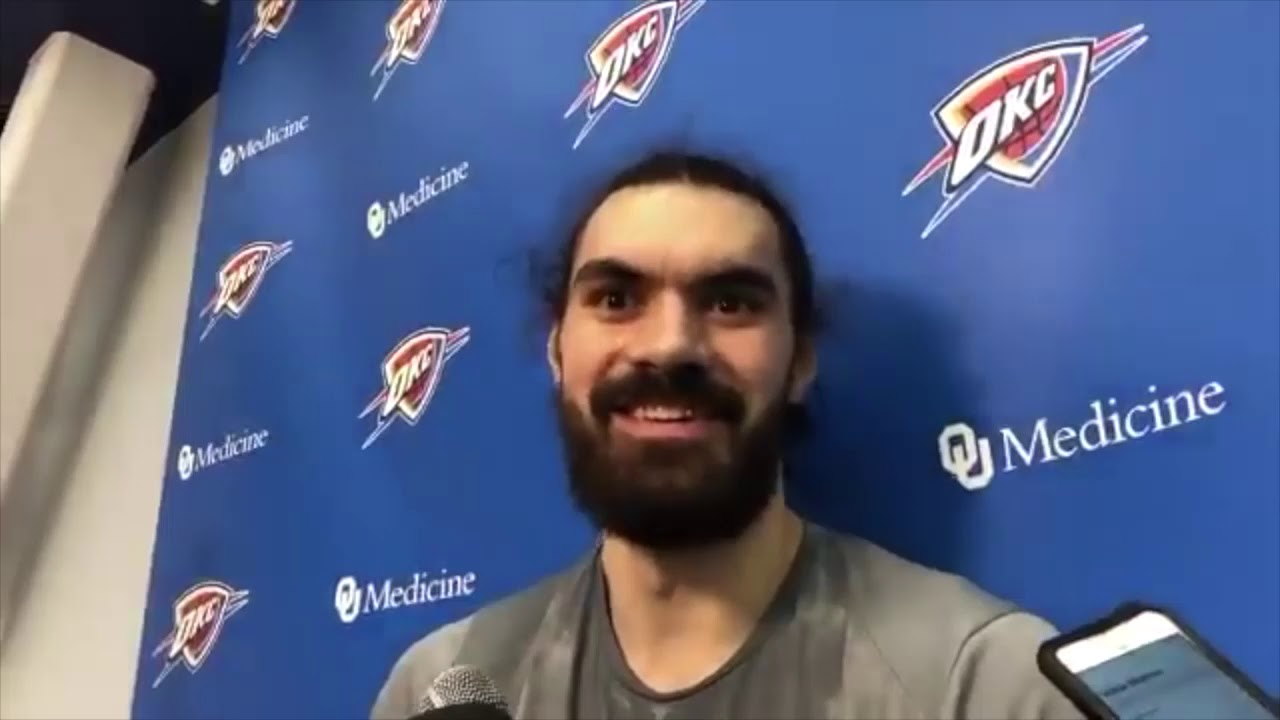 Thunder's Steven Adams reacts to Nick Collison's jersey retirement