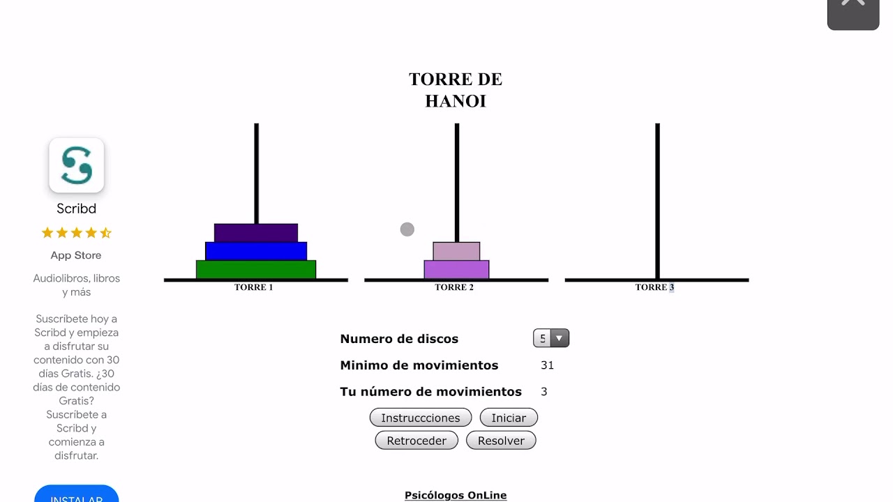 Torre de Hanói 5 discos. COBATAB 05 1G T/M. Matemáticas profesor JHL