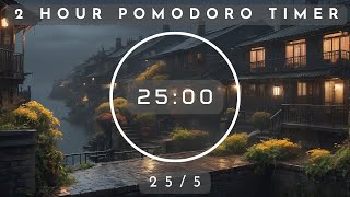 25/5 Pomodoro Timer|No music|Rain Sound for Studying Working|Deep focus| White Noise | 2 hours Study