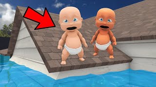 Babies Escape Flood On Roof!