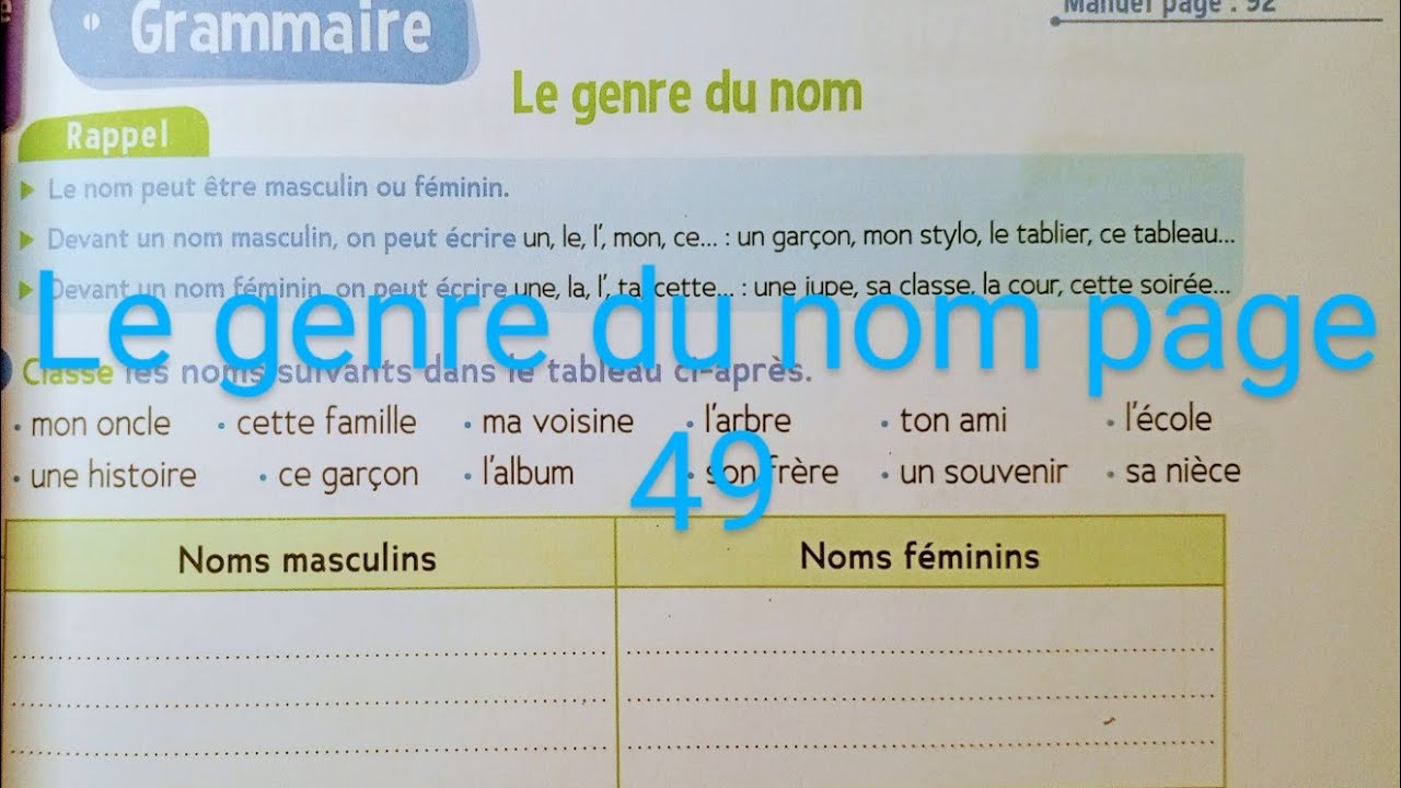 CE1: Grammaire : Le genre du nom page 49 cahier d' activités Le trésor des mots ca