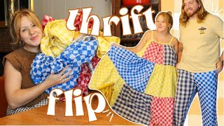 THRIFT FLIP + BIG NEWS | diy patchwork dress & mens checked pants clothing transformation|WELLLOVED