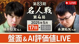 【第83期名人戦  第4局1日目】対局LIVE・AI評価値放送　藤井聡太名人vs永瀬拓矢九段（5月17日）
