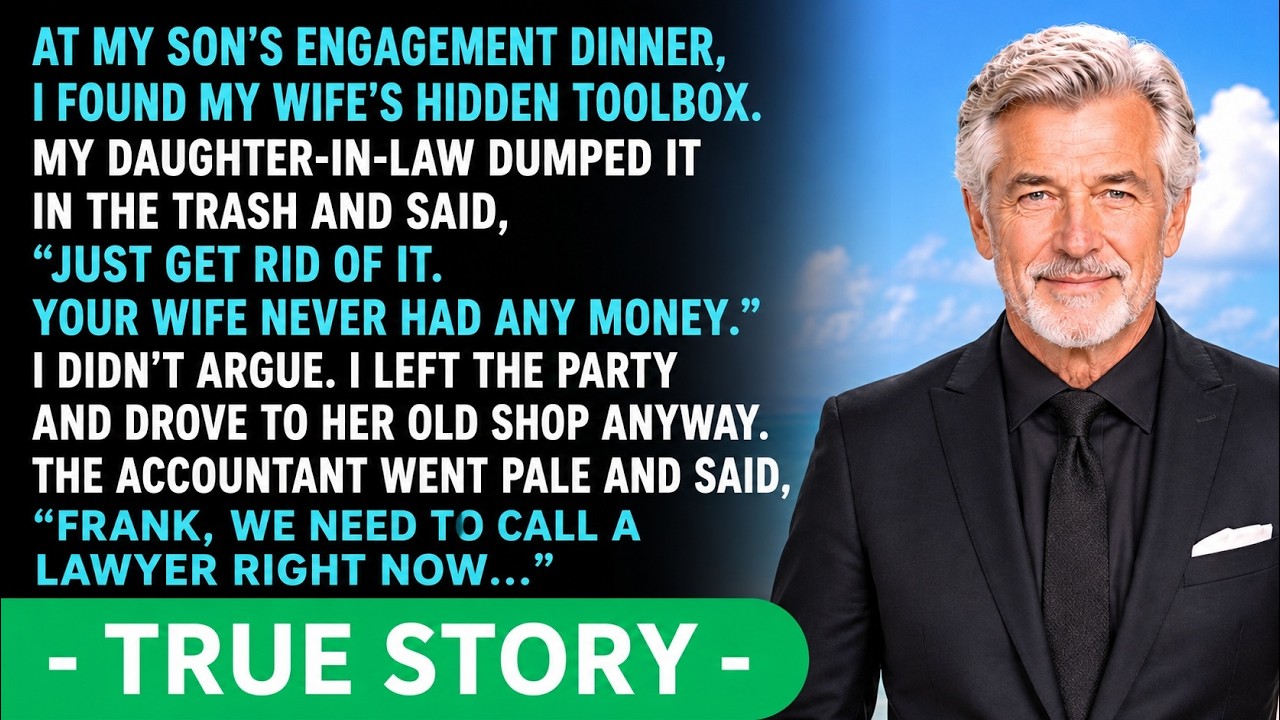 At my son’s engagement dinner, I found my late wife’s hidden toolbox behind the furnace. My daughter-in-law snatched it from my hands, dumped it in the trash, and laughed, “It’s just junk, Frank....