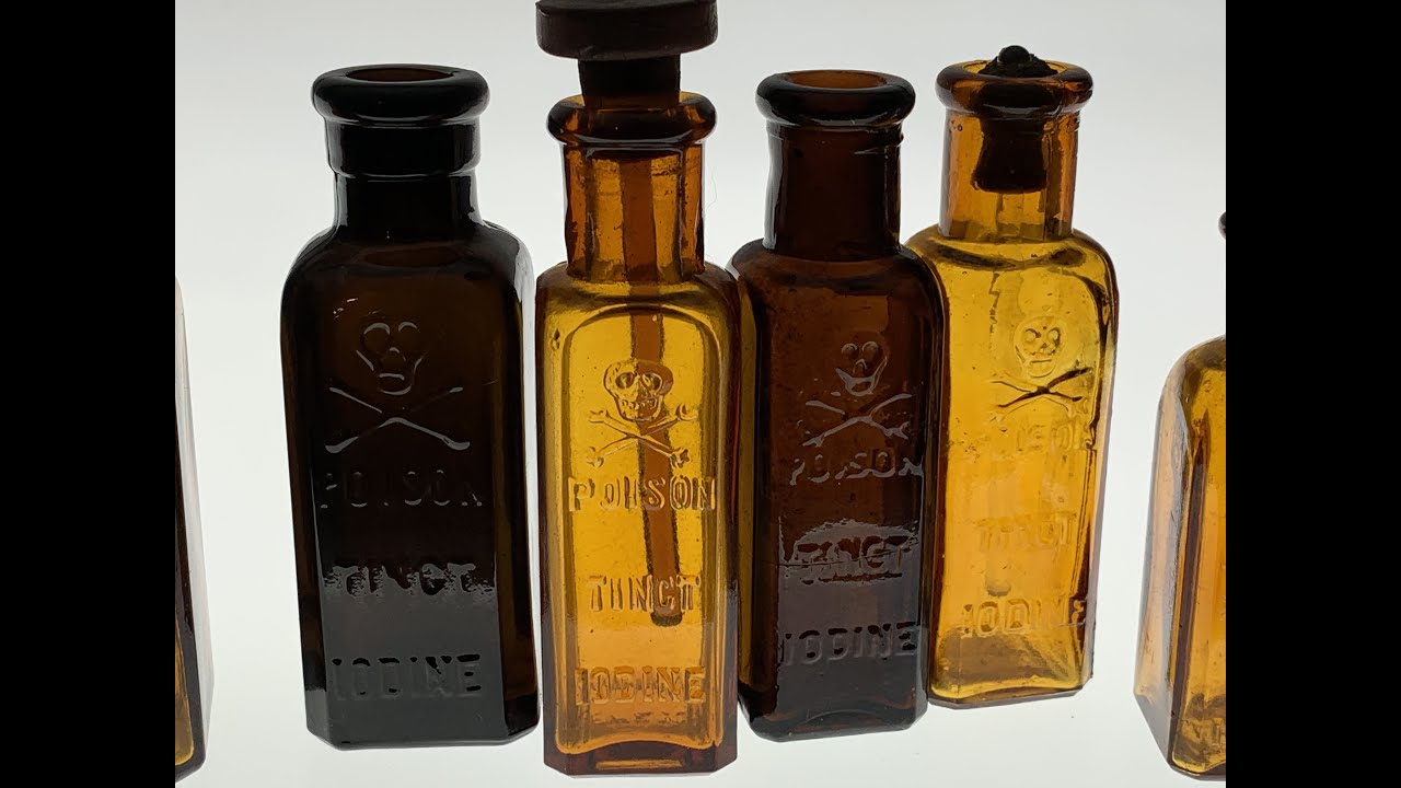 LARGE COLLECTION OF KS-12 TINCT. IODINE SKULL & CROSSBONES POISON BOTTLES