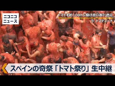 LIVE】スペインの奇祭「トマト祭り」約100トンのトマト投げ合い