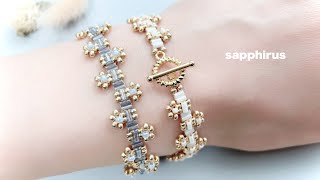 【ビーズステッチ初級】シードビーズで作るプチフラワーブレスレット☆作り方/針と糸で編む/Beaded Flower Bracelet with Bugles/Tutorial/seed beads