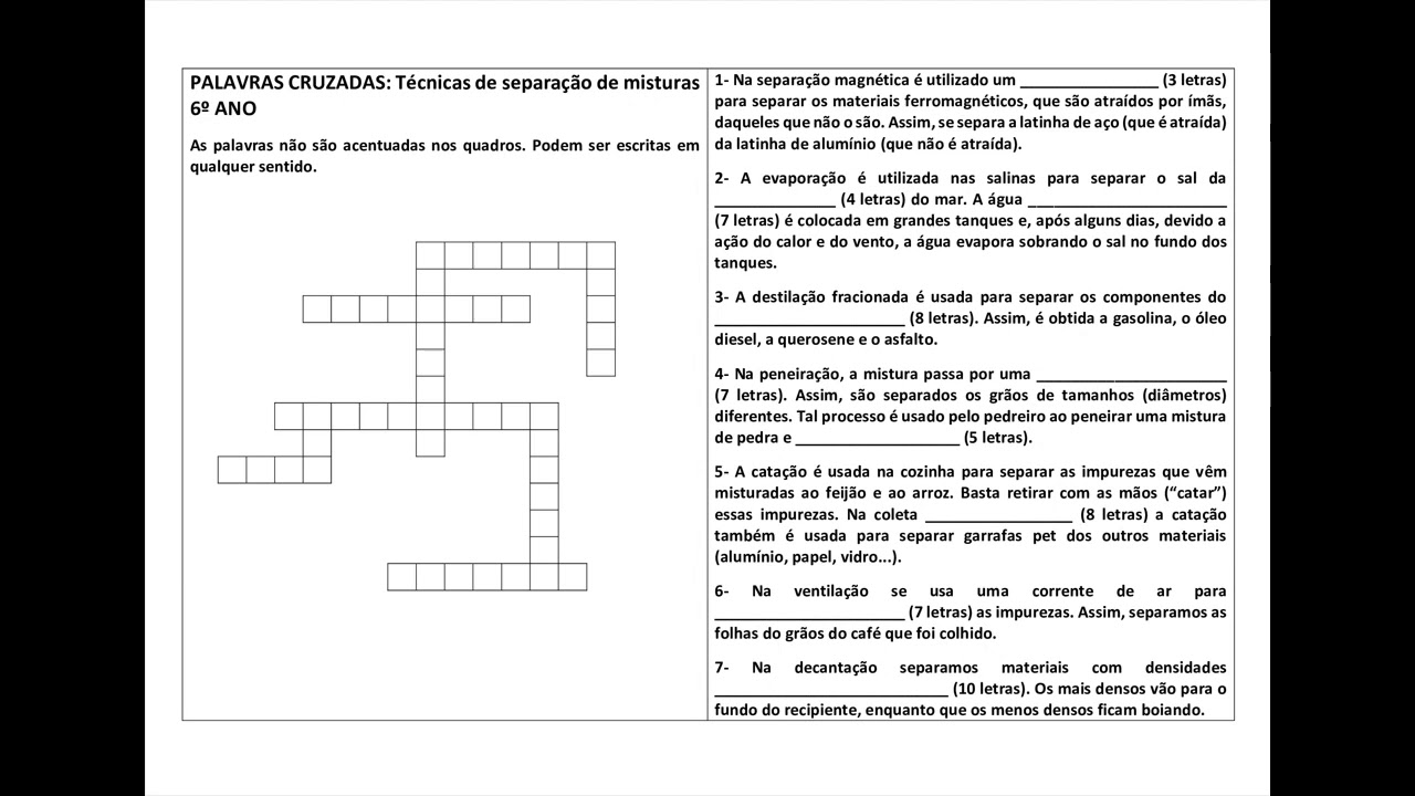 jogos palavra cruzada e caça-palavras sobre separação de misturas