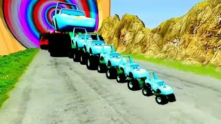 Big \& Small: Mater The Greater vs Lightning Mcqueen vs Raoul CaRoule vs Train | BeamNG.Drive