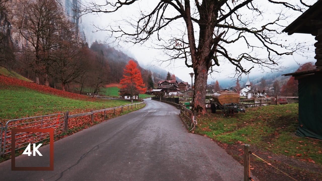 Relaxing Autumn Walk in Lauterbrunnen, Switzerland, River and Nature Sounds, River Walk