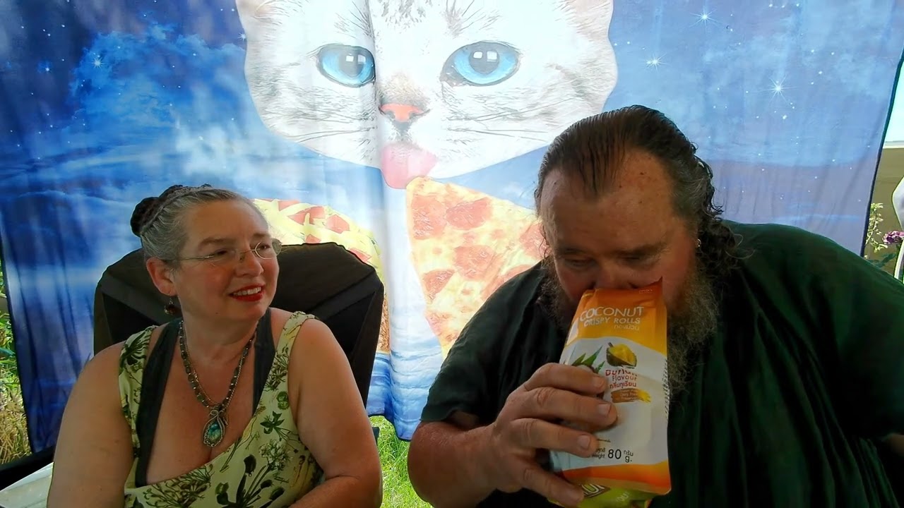Kat and Lester trying out some odd snacks.
