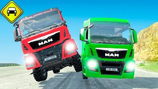 TRUCK Cars vs Unfinished Road flatbed truck, concrete mixer, tilt truck, off road truck BeamNG Drive